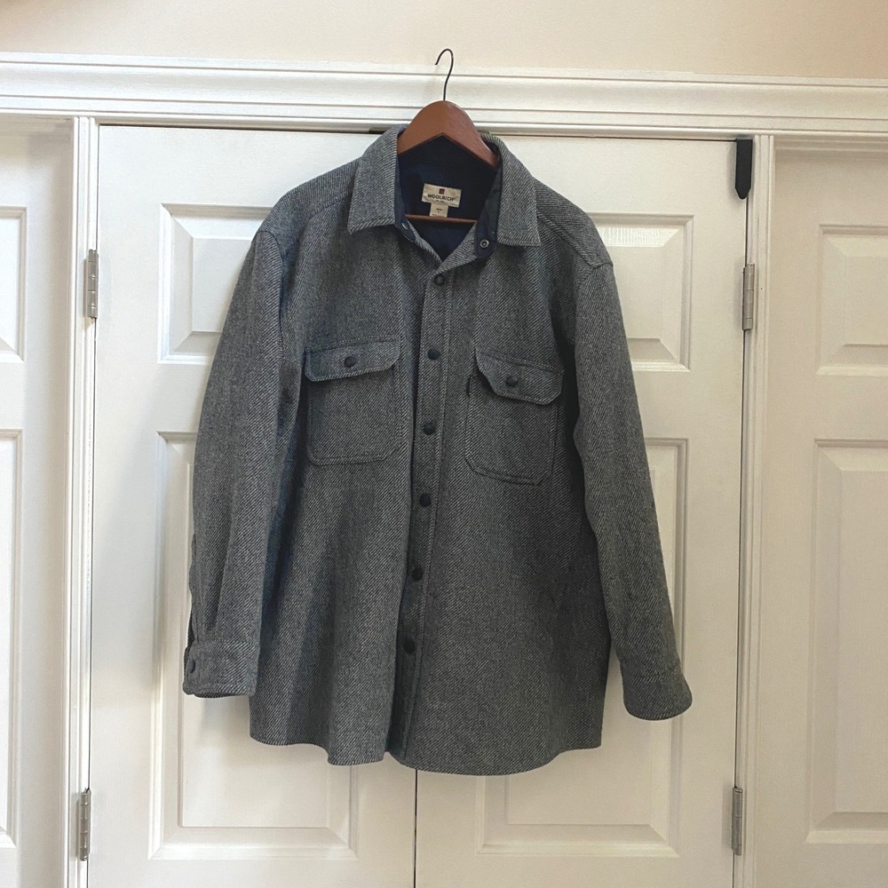 Woolrich Shirt Jacket Mens Wool Large Grey Twill Snap Front Barn Coat Heritage